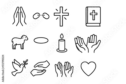 Repentance Icon Set. Repentance journey. Line icon set of repentance journey: praying hands, broken chain, cross, light rays, Bible, lamb, halo, candle, open