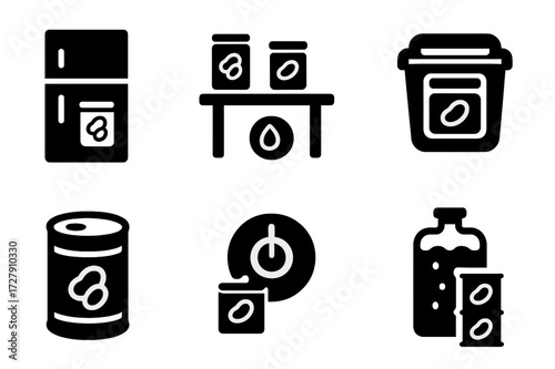 Baked Beans Storage. Solid, filled icon set of baked beans storage: refrigerator, pantry shelf, airtight container, date label, sealed tin, humidity control,