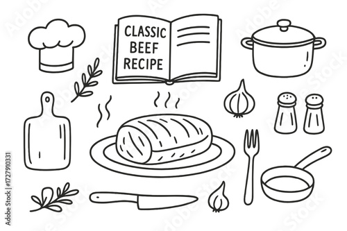 Classic Roast Beef Icons. Hand-drawn doodle illustration Classic beef recipe roast beef, cookbook, plate, fork, knife, pot, pan, herbs, onion, garlic, pepper