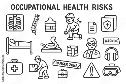 Occupational Safety Icons. Hand-drawn doodle illustration [Occupational health risks] [x-ray icon, spine, injured worker, hospital bed, safety file, back