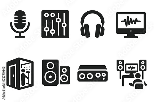 Recording Studio Icons. Solid, filled icon set of band recording: microphone, mixing console, headphones, computer, soundproof room, studio monitors, audio