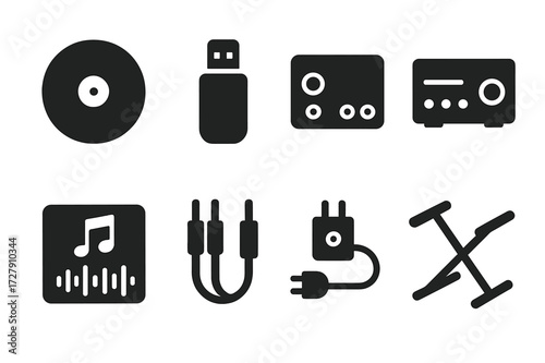 DJ Accessories Icons. Solid, filled icon set of DJ accessories: slipmat, USB drive, audio interface, soundcard, DJ software, cables, power supply, stand.