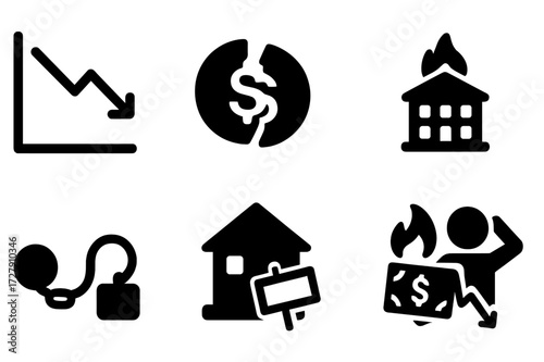 Financial Crisis Icons. Solid, filled icon set of financial crisis: downward chart, broken coin, bankrupt building, red alert, debt icon, foreclosure, money