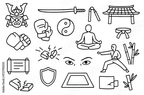 Martial Arts Icons. Hand-drawn doodle illustration Martial Arts [samurai helmet, katana sword, nunchucks, dojo roof, sparring gloves, yin yang