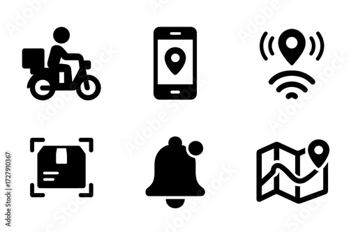 Courier Tracking Icons. Solid, filled icon set of courier tracking: motorbike courier, delivery truck, tracking app, GPS signal, parcel scan, notification