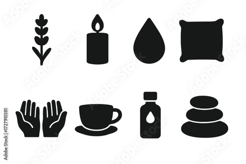 Soothing Icon Set. Solid, filled icon set of soothing elements: lavender flower, candle flame, water drop, soft pillow, gentle hands, tea cup, essential oil