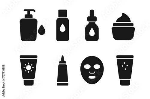 Daily Skincare Icons. Solid, filled icon set of daily skincare routine: cleanser, toner, serum, moisturizer, sunscreen, eye cream, face mask, exfoliator.