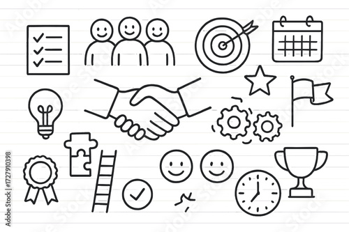 Teamwork Icon Doodles. Hand-drawn doodle illustration teamwork and shared goals handshake, group of people, target, star, calendar, checklist, light bulb,