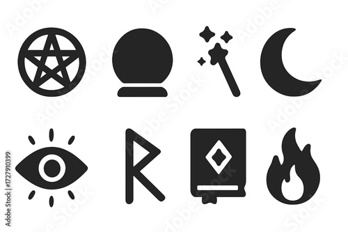 Mystical Symbols Icons. Solid, filled icon set of mystical symbols: pentagram, crystal ball, magic wand, crescent moon, glowing eye, ancient rune, enchanted