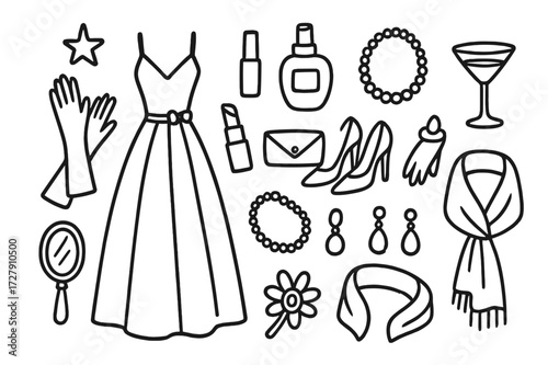 Fashion Accessories Doodle. Hand-drawn doodle illustration elegant style dress, high heels, clutch bag, pearl necklace, lipstick, perfume, gloves, tiara,