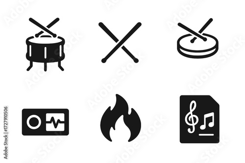 Drumming Practice Icon Set. Solid, filled icon set of floor tom practice: rhythm exercises, timing practice, stick control, metronome, drum pad, recording,