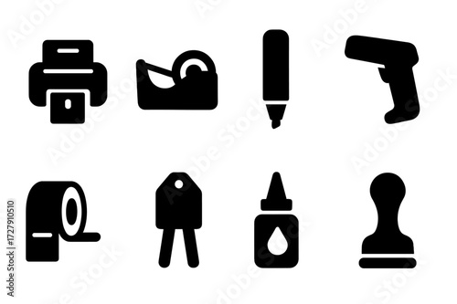 Labeling Tools Icons. Solid, filled icon set of labeling tools: label printer, tape dispenser, marker pen, barcode scanner, sticker roll, tag cutter, adhesive