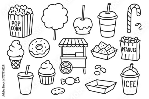 Circus Snacks Doodle. Hand-drawn doodle illustration circus snacks popcorn, cotton candy, caramel apple, soda cup, candy cane, ice cream cone, donut, snack
