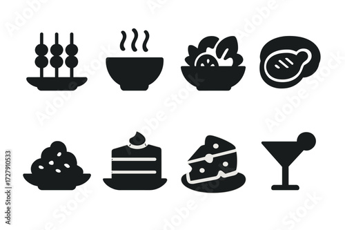 Meal Course Icons. Solid, filled icon set of meal courses: appetizer, soup, salad, main course, side dish, dessert, cheese platter, palate cleanser. Solid,