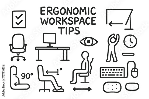 Ergonomic Workspace Doodles. Hand-drawn doodle illustration [ergonomic workspace tips] [checklist, chair, desk, monitor, arm angle, leg rest, eye symbol,
