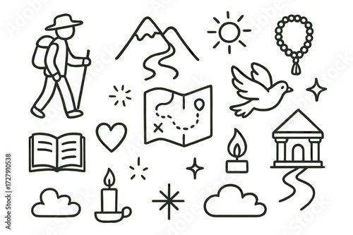 Pilgrimage Journey Icons. Hand-drawn doodle illustration Pilgrimage journey walking figure, mountain, sun, prayer beads, book, heart, spark, star, map, dove,