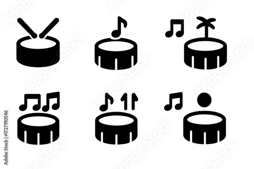 Musical Backbeat Icons. Solid, filled icon set of backbeat styles: straight backbeat, swung backbeat, syncopated backbeat, reggae backbeat, funk backbeat, jazz