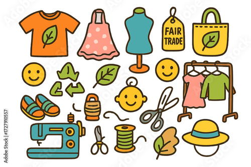 Sustainable Fashion Icons. Sustainable fashion lifestyle. Colorful Hand-drawn doodle Children illustration T-shirt, dress, shoes, eco bag, hanger, mannequin,