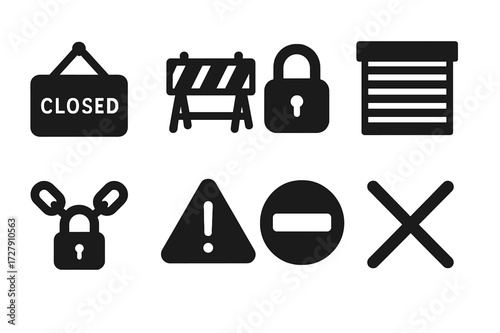Renovation Closure Icons. Solid, filled icon set of closed for renovation: closed sign, caution barrier, lock icon, shuttered door, padlock chain, warning
