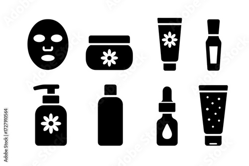Chamomile Skincare Icons. Solid, filled icon set of chamomile skincare: face mask, moisturizer jar, lotion tube, eye cream, facial cleanser, toner bottle,