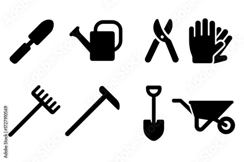 Gardening Tools Icons. Solid, filled icon set of hand-picked gardening tools: trowel, watering can, pruning shears, gloves, rake, hoe, shovel, wheelbarrow.