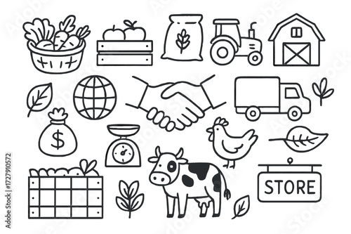 Farm Supply Chain Doodles. Hand-drawn doodle illustration farm-to-market supply chain basket of vegetables, fruit box, sack of grain, tractor, barn, truck,