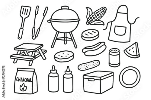 Summer BBQ Doodles. Hand-drawn doodle illustration preparing for a summer barbecue grill, spatula, tongs, apron, picnic table, cooler, charcoal bag, ketchup