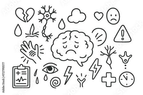 Emotional Pain Symbols. Hand-drawn doodle illustration emotional aspects of pain brain with heart, sad face, tear drop, nerve cell, broken heart, thought