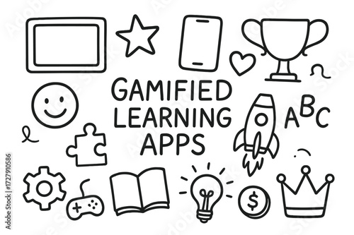 Gamified Learning Icons. Hand-drawn doodle illustration City stroll in the morning [sun, coffee cup, person walking, briefcase, bus, bicycle, traffic light,