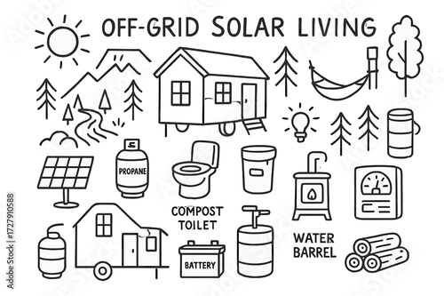 Off-Grid Living Essentials. Hand-drawn doodle illustration [off-grid solar living] [tiny house, solar panel, propane tank, compost toilet, battery box, solar