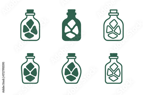 Sea Glass Crafting Logos. Crafting with recycled sea glass. Set Logo of crafting with recycled sea glass: Decorative glass bottle with sea glass