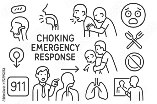 Choking Emergency Doodles. Hand-drawn doodle illustration [Choking emergency response] food piece, throat diagram, cough icon, back blows, Heimlich maneuver