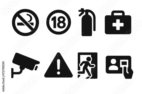 Bar Safety Icons. Solid, filled icon set of bar safety and regulations: no smoking sign, age restriction, fire extinguisher, first aid kit, security camera,