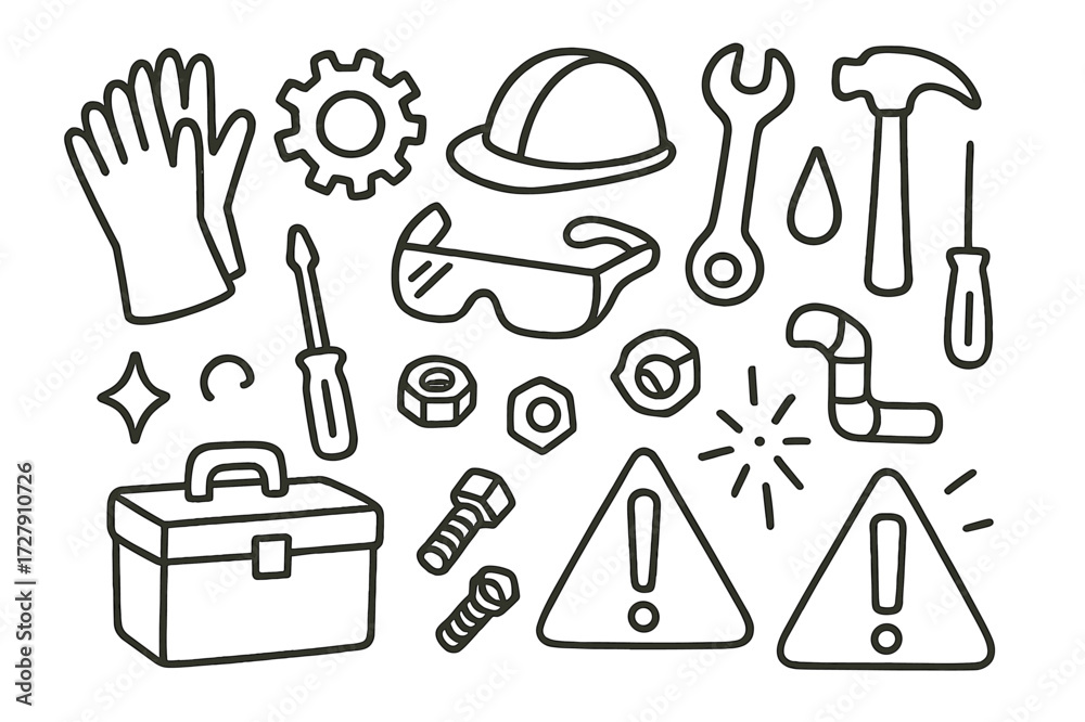 Obraz premium Industrial Safety Icons. Hand-drawn doodle illustration Industrial rubber gloves gloves, gear, helmet, wrench, hammer, droplet, star, screwdriver, toolbox,