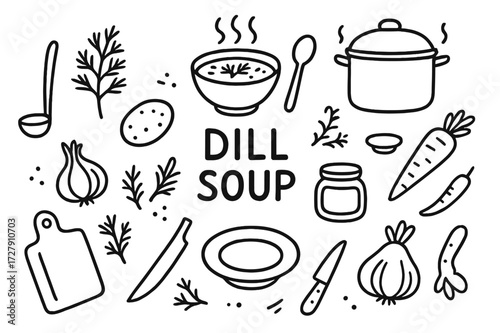 Dill Soup Ingredients Doodle. Hand-drawn doodle illustration dill soup dill sprig, soup bowl, spoon, pot, carrot, potato, onion, garlic, herbs, steam lines,