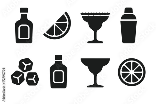 Margarita Icons Set. Solid, filled icon set of margarita cocktail components: tequila bottle, lime wedge, salt rimmed glass, cocktail shaker, ice cubes, triple
