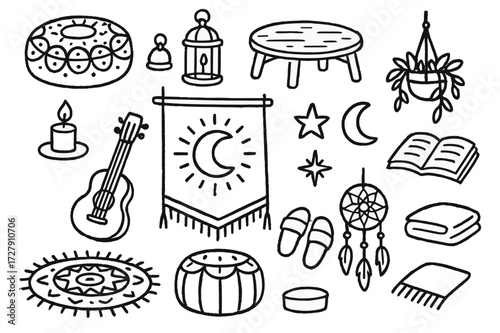 Bohemian Doodle Elements. Hand-drawn doodle illustration bohemian seating style round cushion, pouf, rug with pattern, lantern, low table, hanging plant,