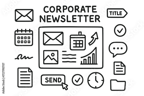 Corporate Newsletter Doodles. Hand-drawn doodle illustration [corporate newsletter] [newsletter page, envelope, calendar, graph, announcement icon, image