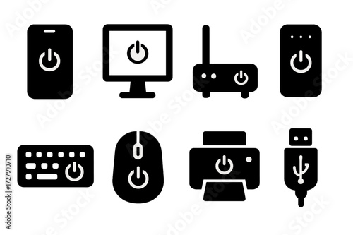 Device Power Off Icons. Solid, filled icon set of device power off: smartphone off, monitor off, router off, smart speaker off, keyboard power off, mouse off,