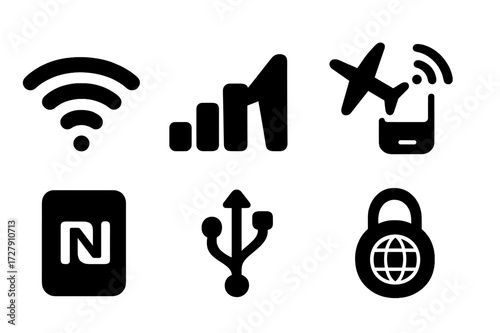 Phone Connectivity Icons. Solid, filled icon set of phone connectivity: Wi-Fi, cellular network, airplane mode, hotspot, NFC, USB, GPS, VPN. [Solid, filled