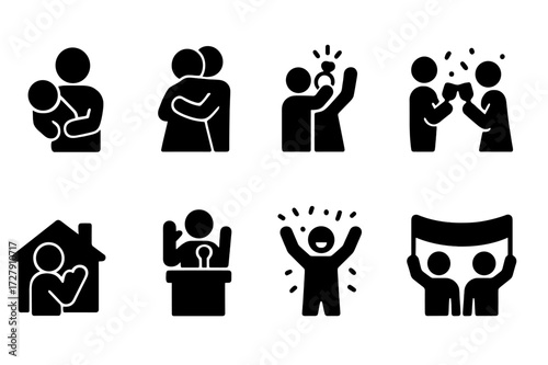 Milestone Celebration Icons. Solid, filled icon set of milestone party celebrants: baby shower guest, retirement hug, engagement cheer, anniversary toast,