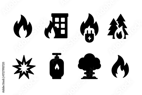 Fire Hazard Icons. Solid, filled icon set of fire hazards and dangers: fire icon, burning building, electrical fire, wildfire, explosion, gas leak, smoke