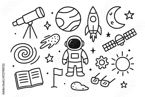 Space Exploration Doodle. Hand-drawn doodle illustration deep space exploration telescope, rocket, planet, moon, star, satellite, comet, astronaut, galaxy