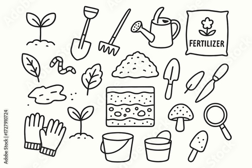 Sustainable Gardening Tools. Hand-drawn doodle illustration [sustainable soil practices] [plant seedling, shovel, rake, watering can, trowel, leaf, worm,