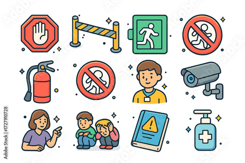 Safety Icons Set. Safety and rules. Colorful isometric vector icons set of Safety and rules: stop sign, caution tape, emergency exit, first aid kit, fire