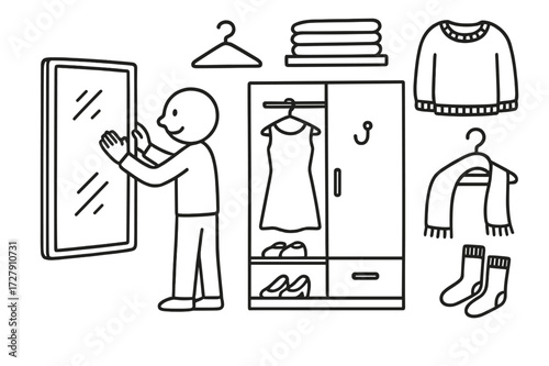 Full-Length Mirror Closet. Hand-drawn doodle illustration [Adding a full-length mirror in the closet] [full-length mirror, closet door, hanger, shoe rack,
