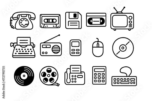 Retro Tech Doodles. Hand-drawn doodle illustration Retro Technology rotary phone, cassette tape, floppy disk, VHS tape, television, typewriter, old radio,