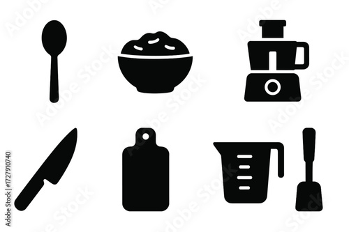 Bean Dip Utensil Icons. Solid, filled icon set of bean dip utensils: spoon, serving bowl, mixing bowl, food processor, knife, chopping board, measuring cup,