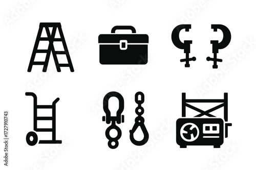 Stage Setup Icons. Solid, filled icon set of stage setup tools: ladder, toolbox, cables, clamps, dolly, rigging hardware, scaffold, power generator. Solid,