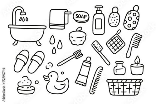 Bathroom Essentials Doodle. Hand-drawn doodle illustration Bath essentials bathtub, towel, soap, shampoo bottle, sponge, washcloth, faucet, water drops,